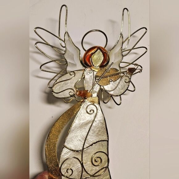Christmas Angel Figure Playing Violin Wire & Capiz Shell - Picture 4 of 5